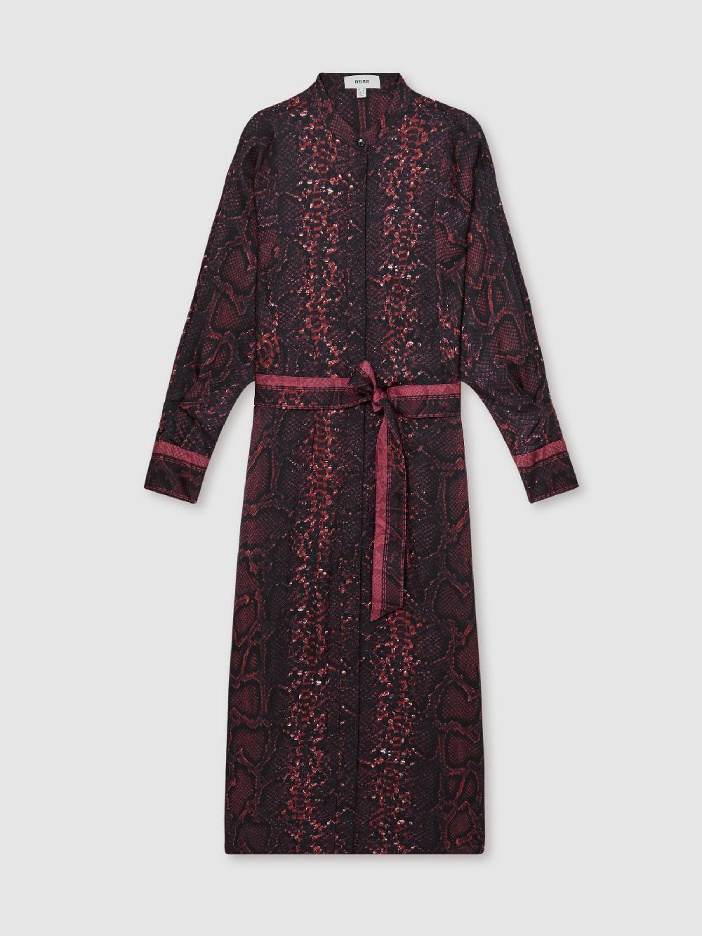 Reiss Snake-Print Belted Shirt Dress In Burgundy/Black