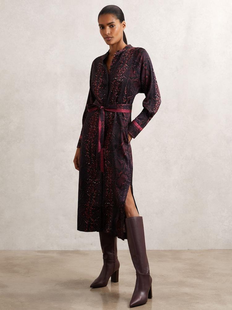 reiss Snake-Print Belted Shirt Dress in Burgundy/Black