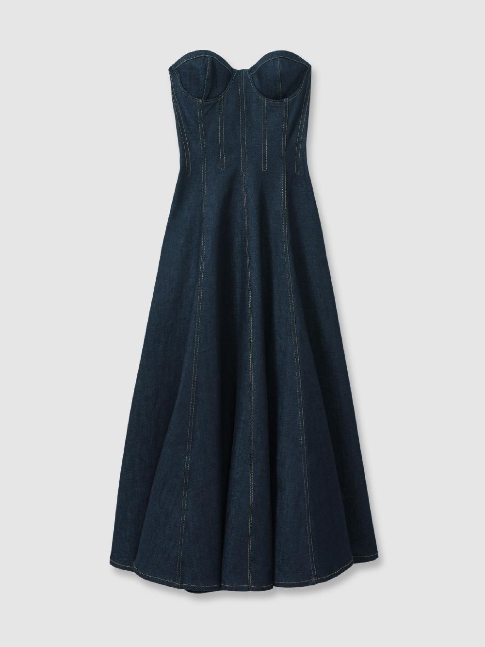 Reiss Strapless Structured Denim Midi Dress In Indigo Blue