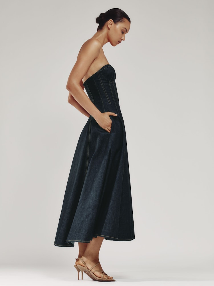 reiss Strapless Structured Denim Midi Dress in Indigo Blue