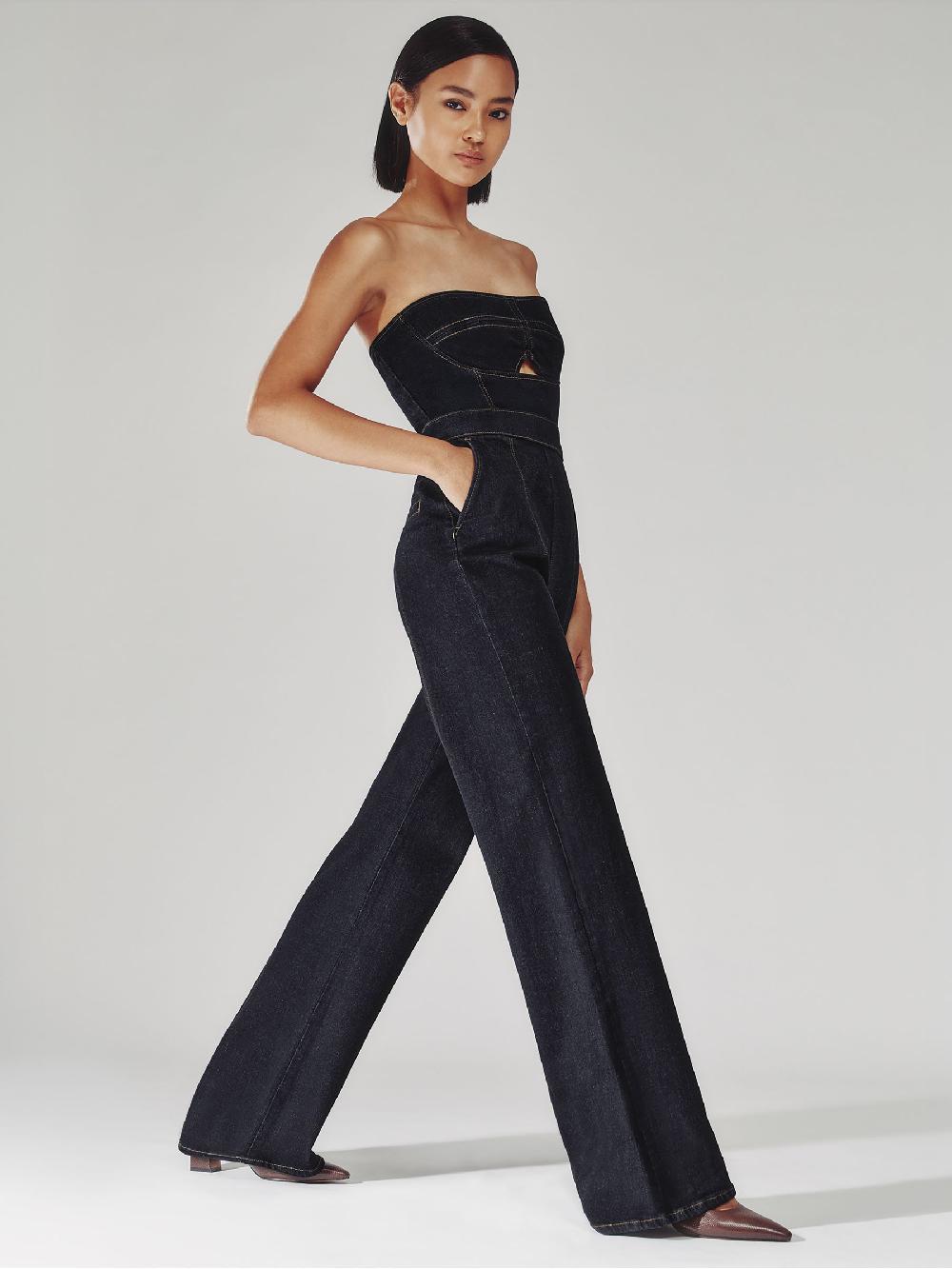 Reiss Strapless Wide Leg Denim Jumpsuit In Indigo Blue