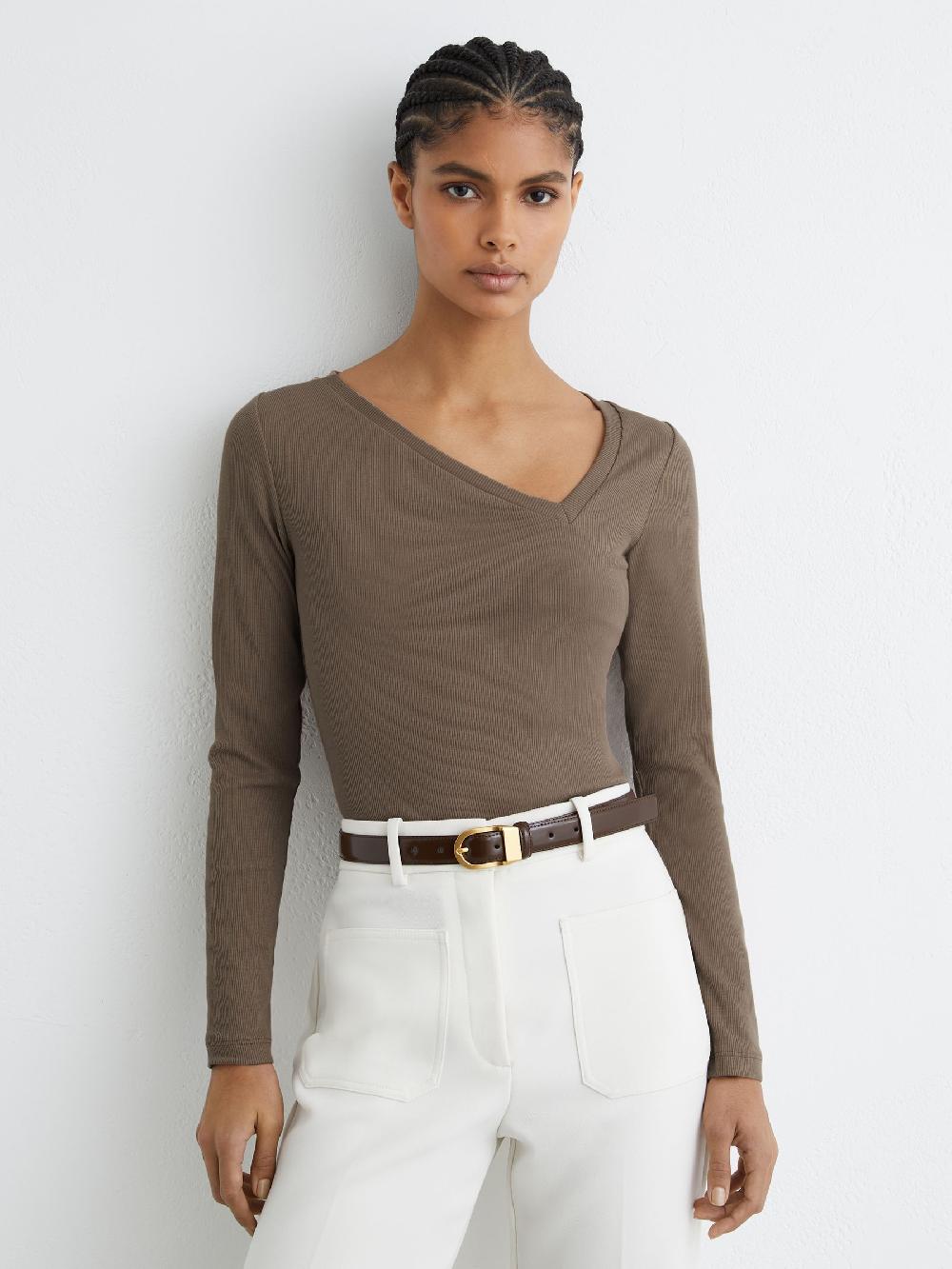 Reiss Stretch-Cotton Asymmetric-Neck Top In Taupe Neutral