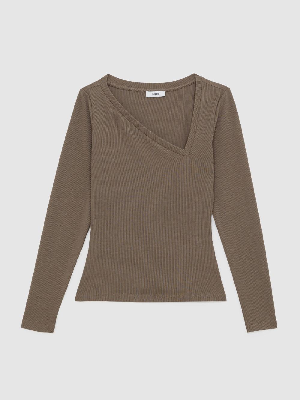 Reiss Stretch-Cotton Asymmetric-Neck Top In Taupe Neutral