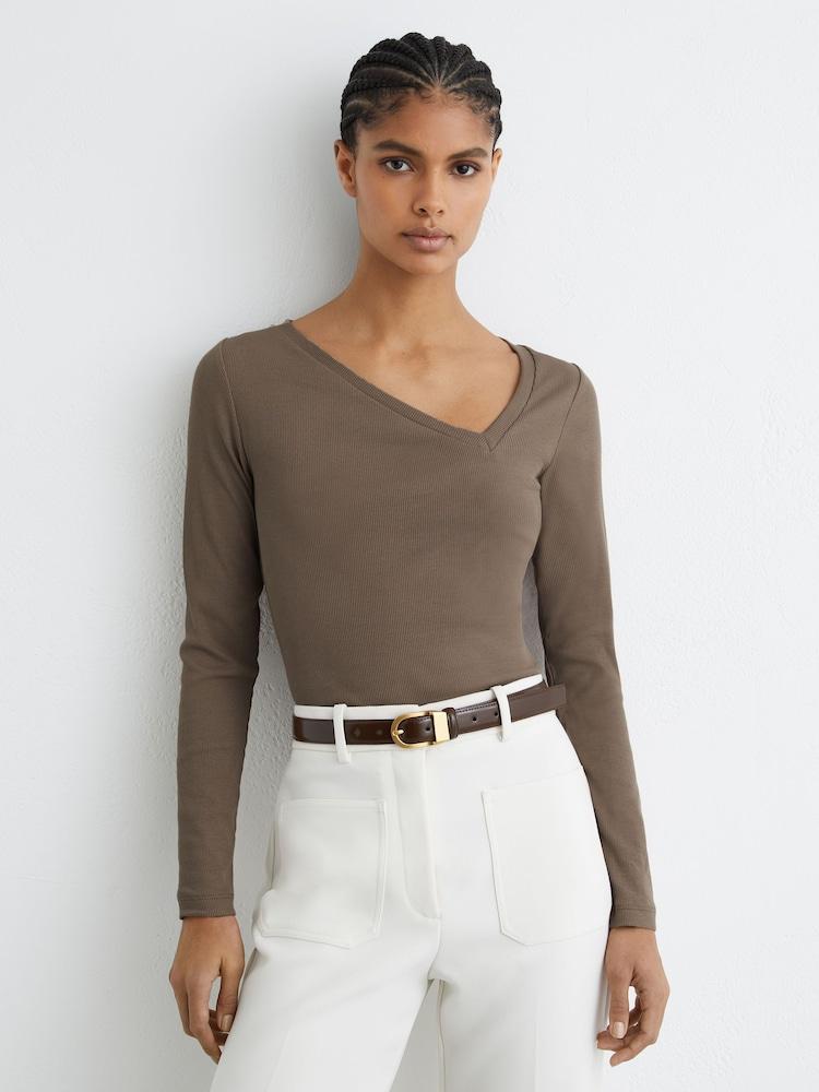 reiss Stretch-Cotton Asymmetric-Neck Top in Taupe Neutral