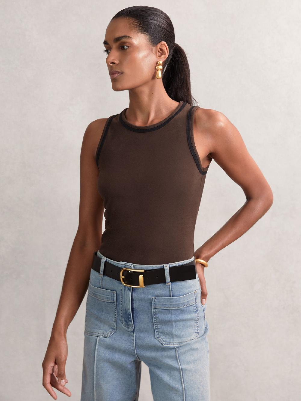 Reiss Stretch-Cotton Jersey Tipped Vest In Chocolate Brown/Black