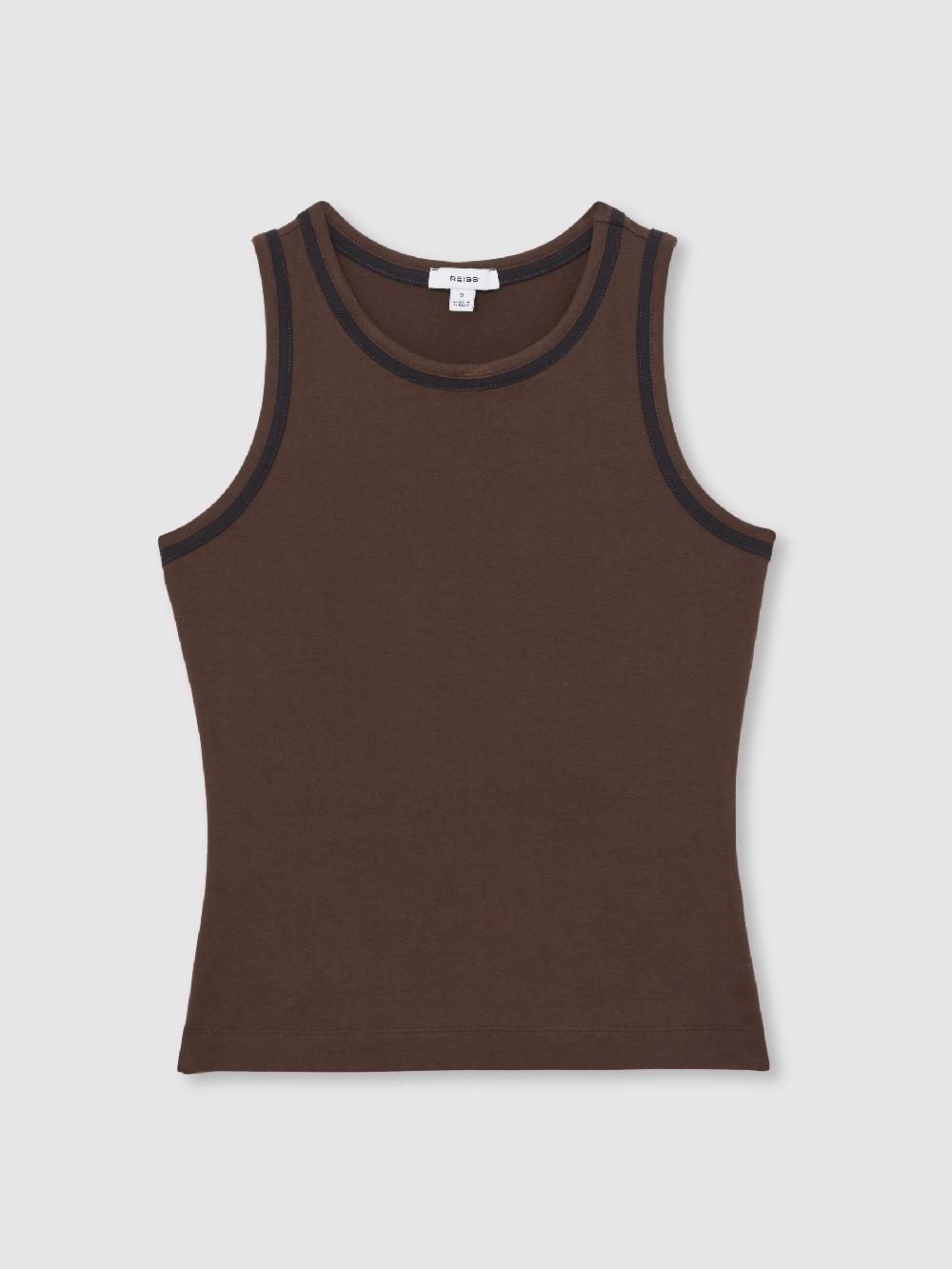 Reiss Stretch-Cotton Jersey Tipped Vest In Chocolate Brown/Black