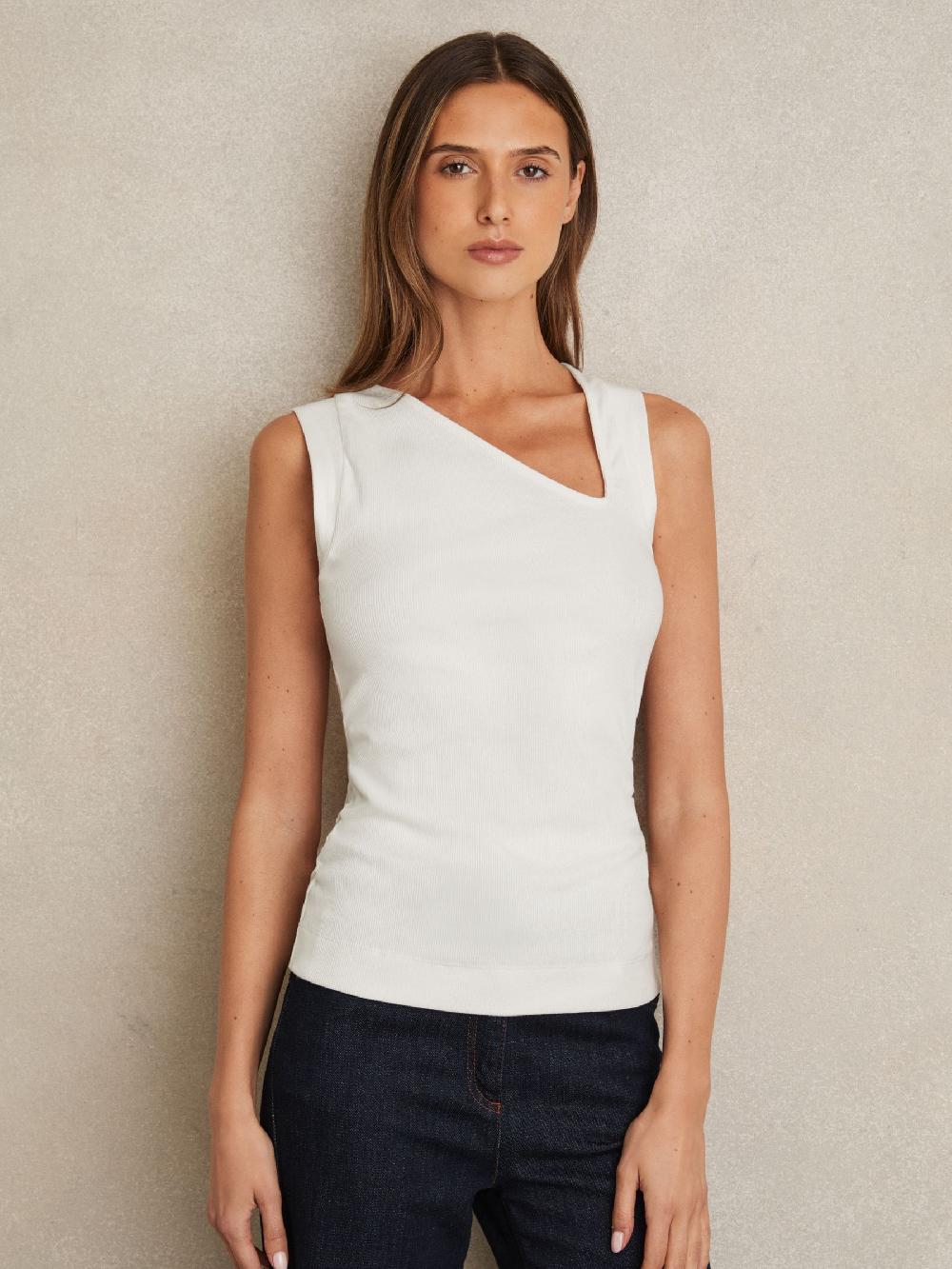 Reiss Stretch-Cotton Ribbed Asymmetric Vest In White