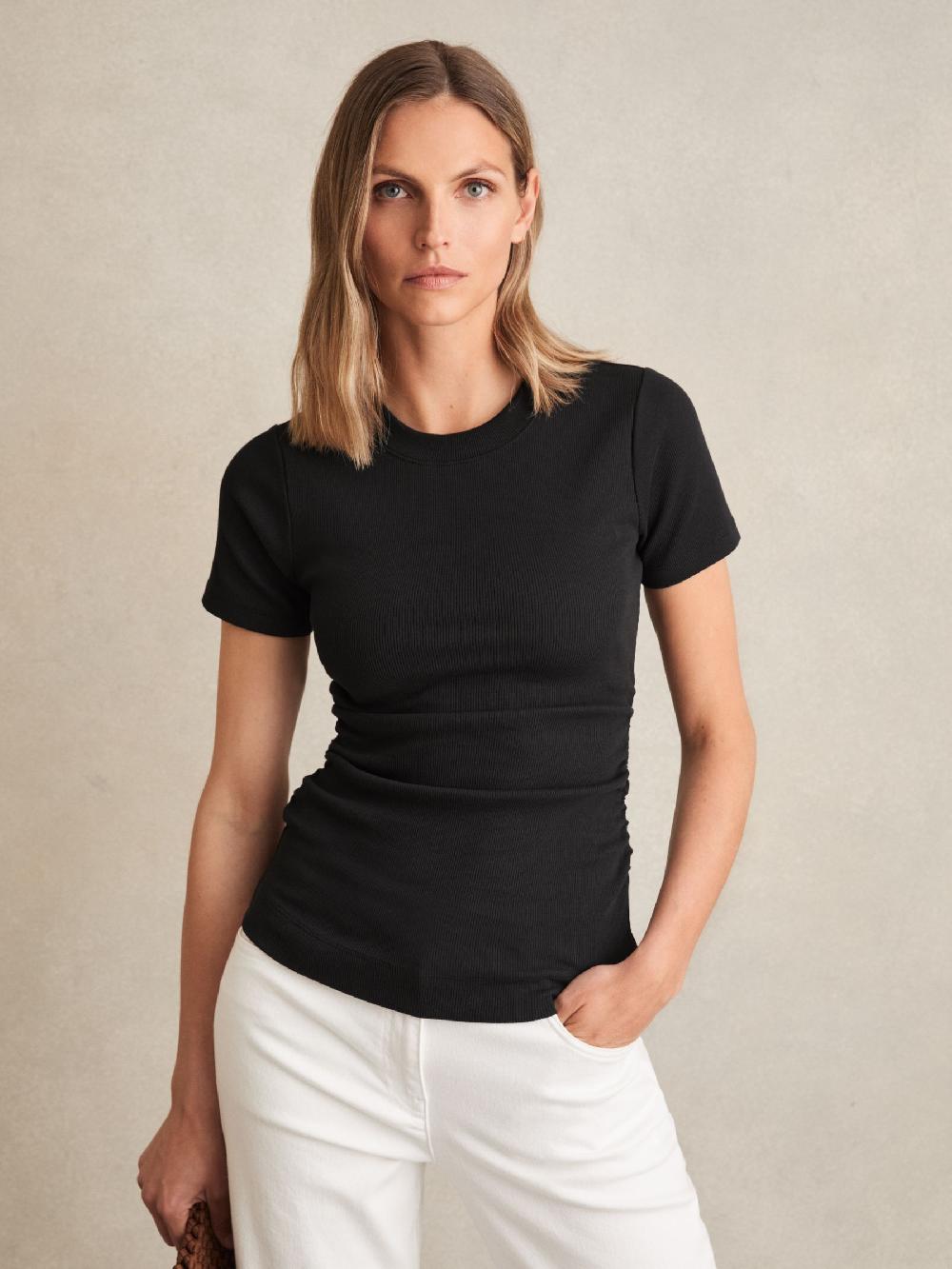 Reiss Stretch-Cotton Ruched Ribbed T-Shirt In Black