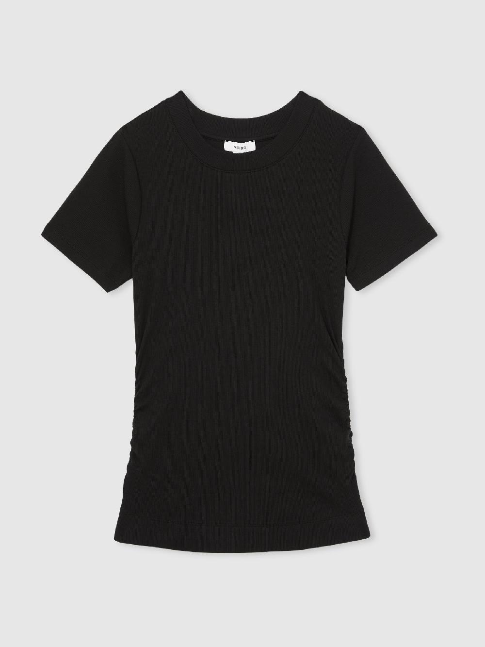 Reiss Stretch-Cotton Ruched Ribbed T-Shirt In Black