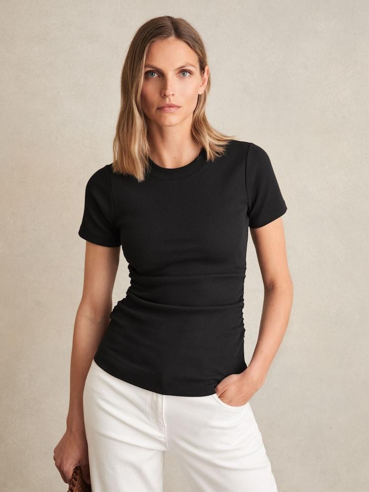 reiss Stretch-Cotton Ruched Ribbed T-Shirt in Black