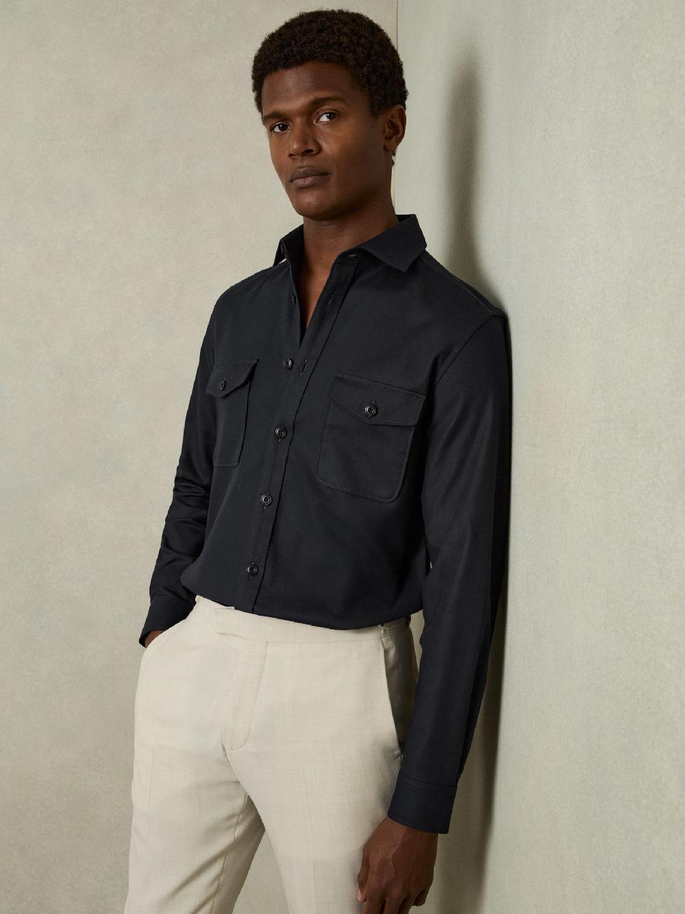 Reiss Stretch-Cotton Twill Twin-Pocket Overshirt In Navy