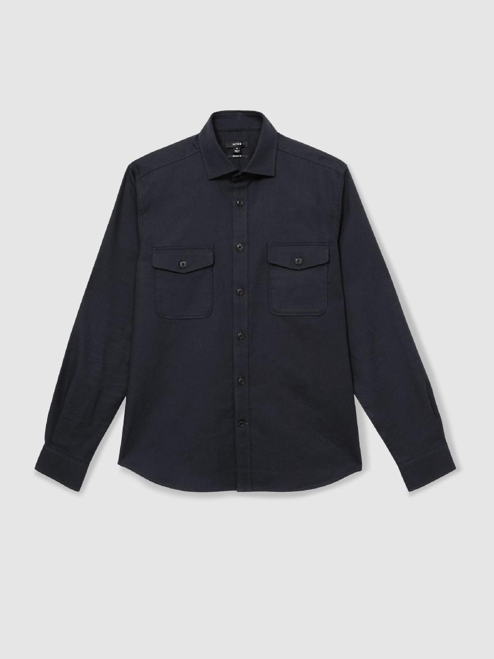 Reiss Stretch-Cotton Twill Twin-Pocket Overshirt In Navy
