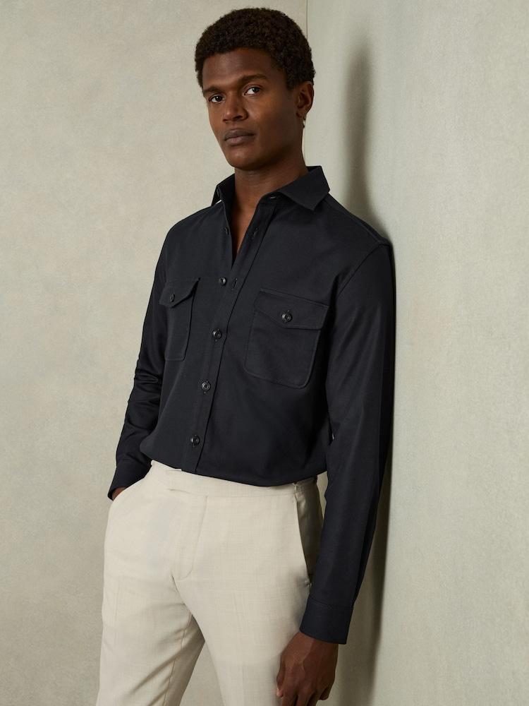 reiss Stretch-Cotton Twill Twin-Pocket Overshirt in Navy