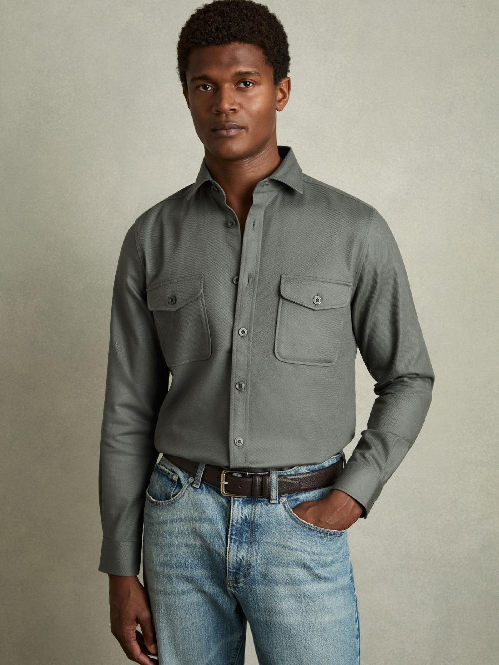 Reiss Stretch-Cotton Twill Twin-Pocket Overshirt In Sage