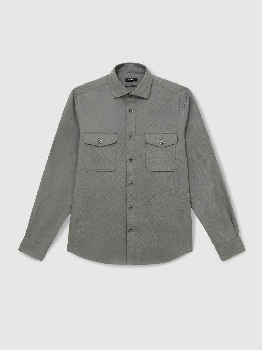 Reiss Stretch-Cotton Twill Twin-Pocket Overshirt In Sage