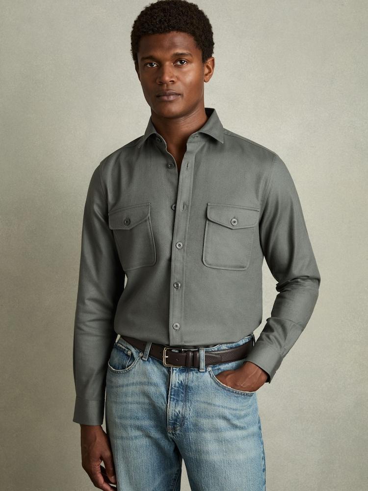 reiss Stretch-Cotton Twill Twin-Pocket Overshirt in Sage