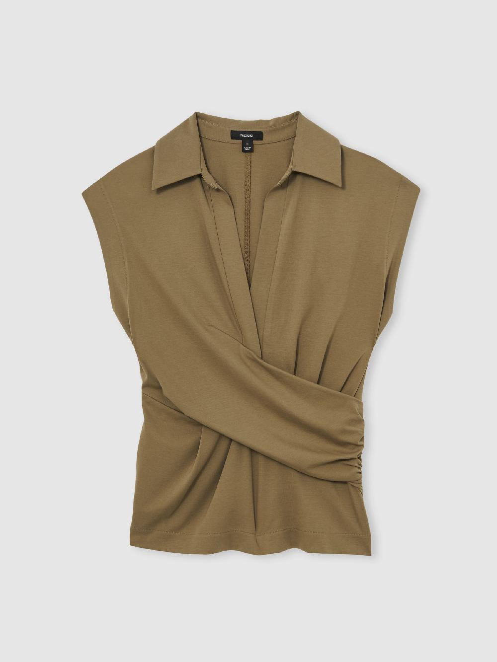 Reiss Stretch-Cotton Wrap-Front Collar Top In Khaki Green