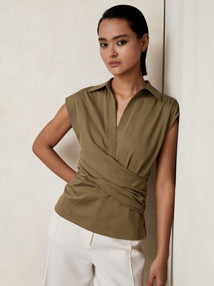 reiss Stretch-Cotton Wrap-Front Collar Top in Khaki Green