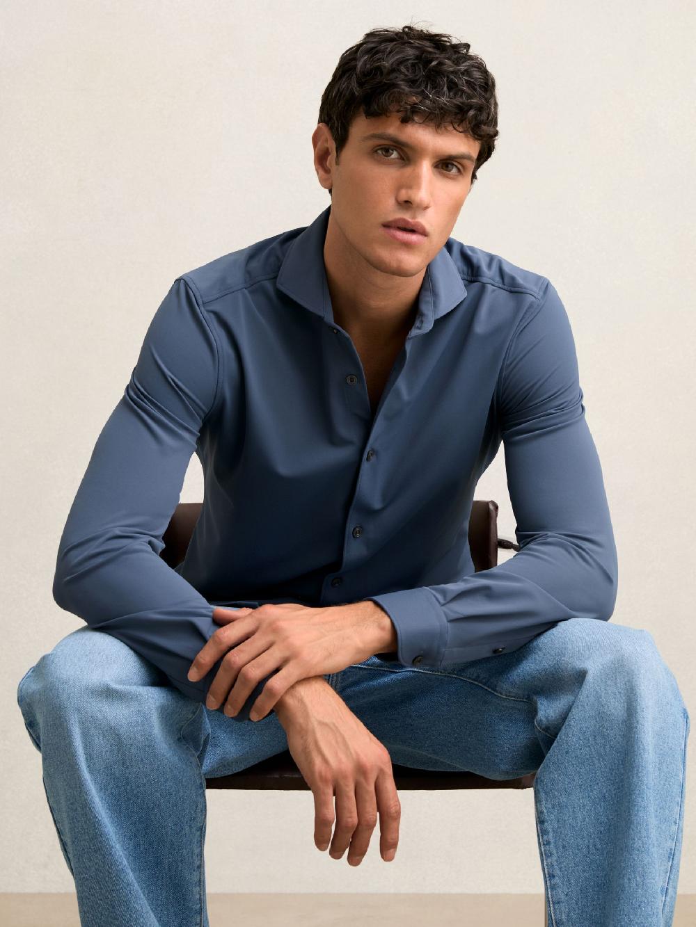 Reiss Stretch Jersey Cutaway-Collar Shirt In Dark Airforce Blue
