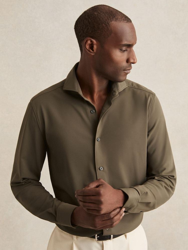 reiss Stretch Jersey Cutaway-Collar Shirt in Olive Green