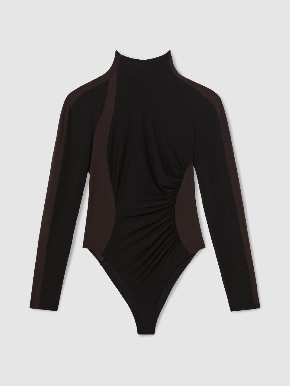 Reiss Stretch-Lyocell Panel Ruched Bodysuit In Black/Chocolate Brown