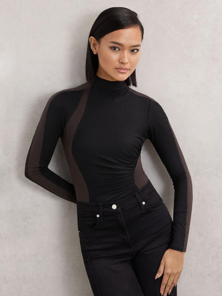 reiss Stretch-Lyocell Panel Ruched Bodysuit in Black/Chocolate Brown