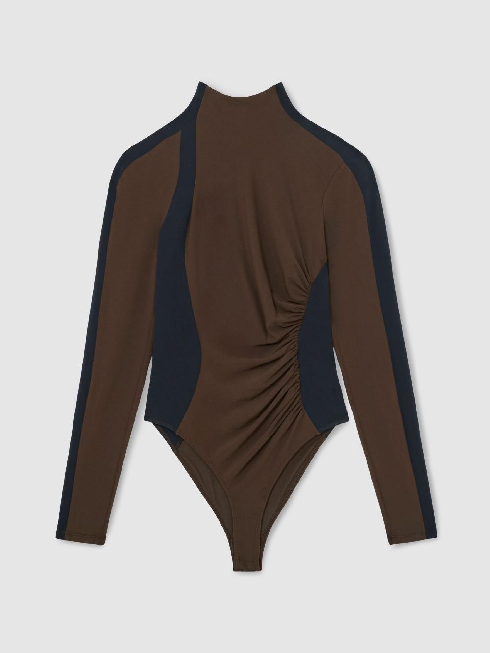 Reiss Stretch-Lyocell Panel Ruched Bodysuit In Navy/Camel