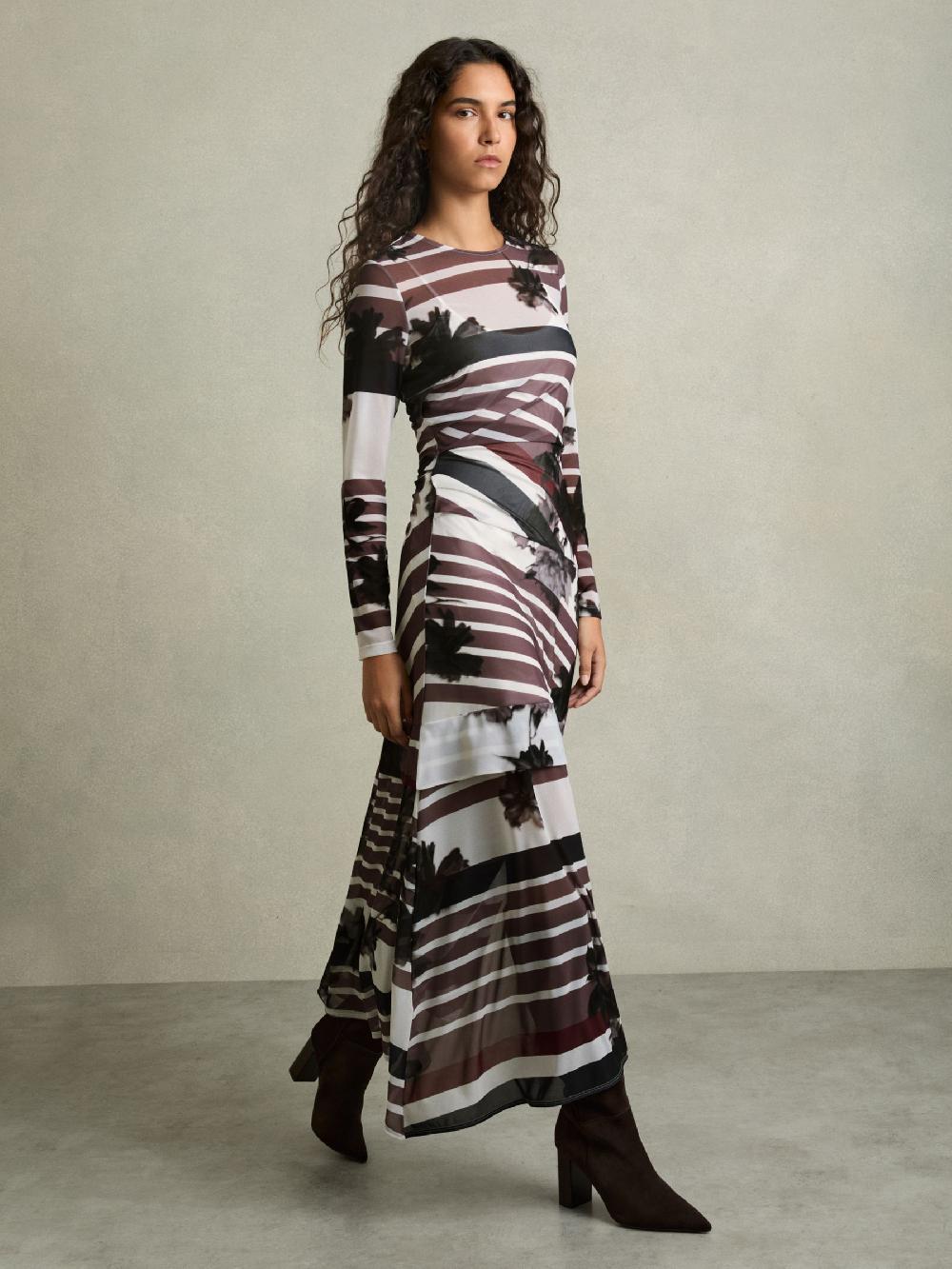Reiss Stretch-Mesh Stripe-Print Ruched Dress In Burgundy/Black