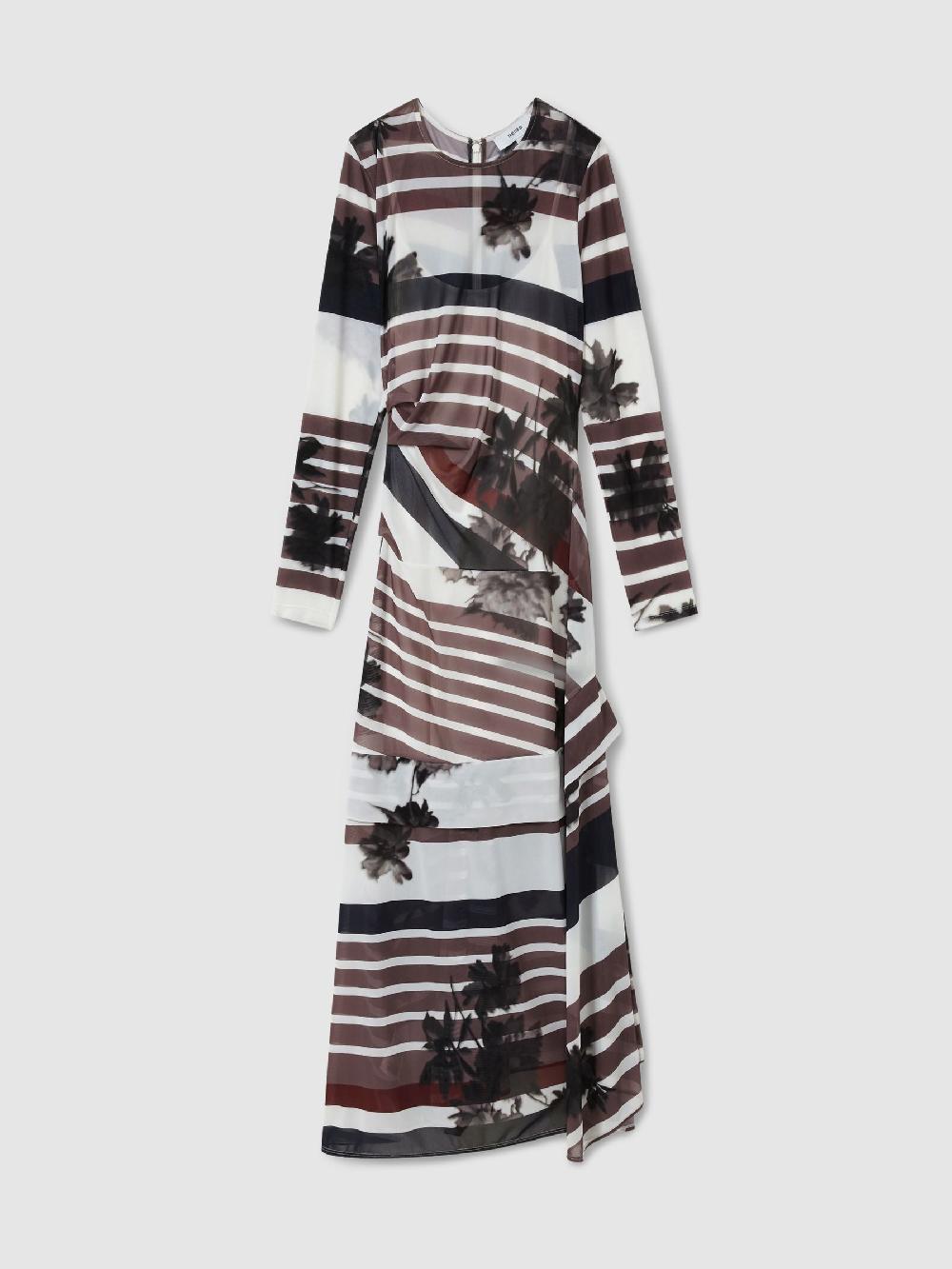 Reiss Stretch-Mesh Stripe-Print Ruched Dress In Burgundy/Black