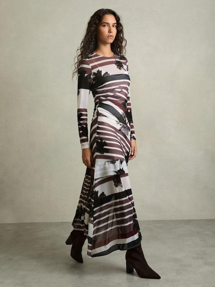 reiss Stretch-Mesh Stripe-Print Ruched Dress in Burgundy/Black
