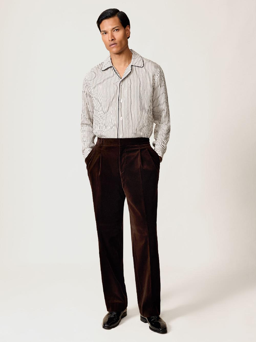 Reiss Stripe Cuban-Collar Piped Shirt In White/Brown