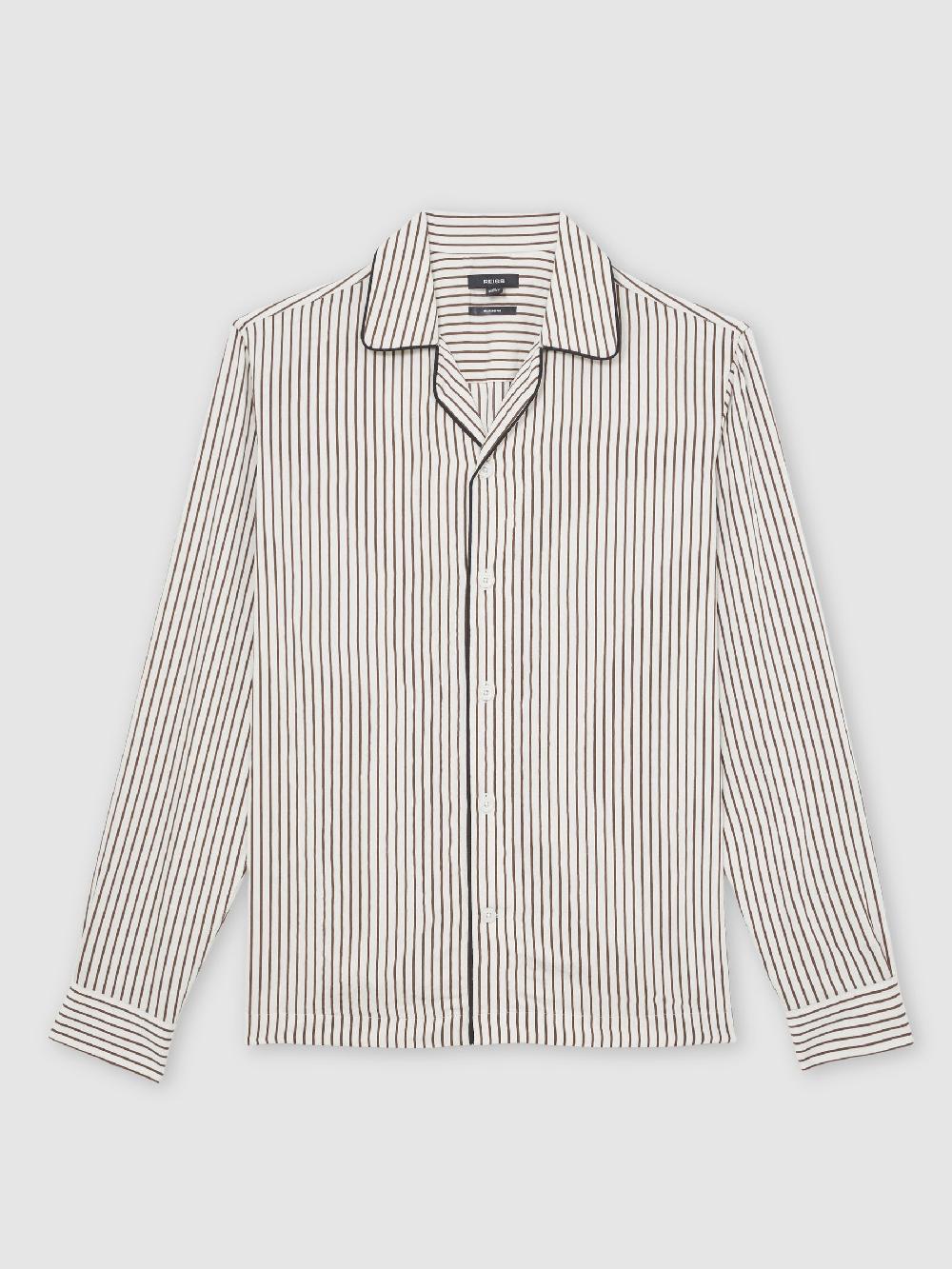 Reiss Stripe Cuban-Collar Piped Shirt In White/Brown
