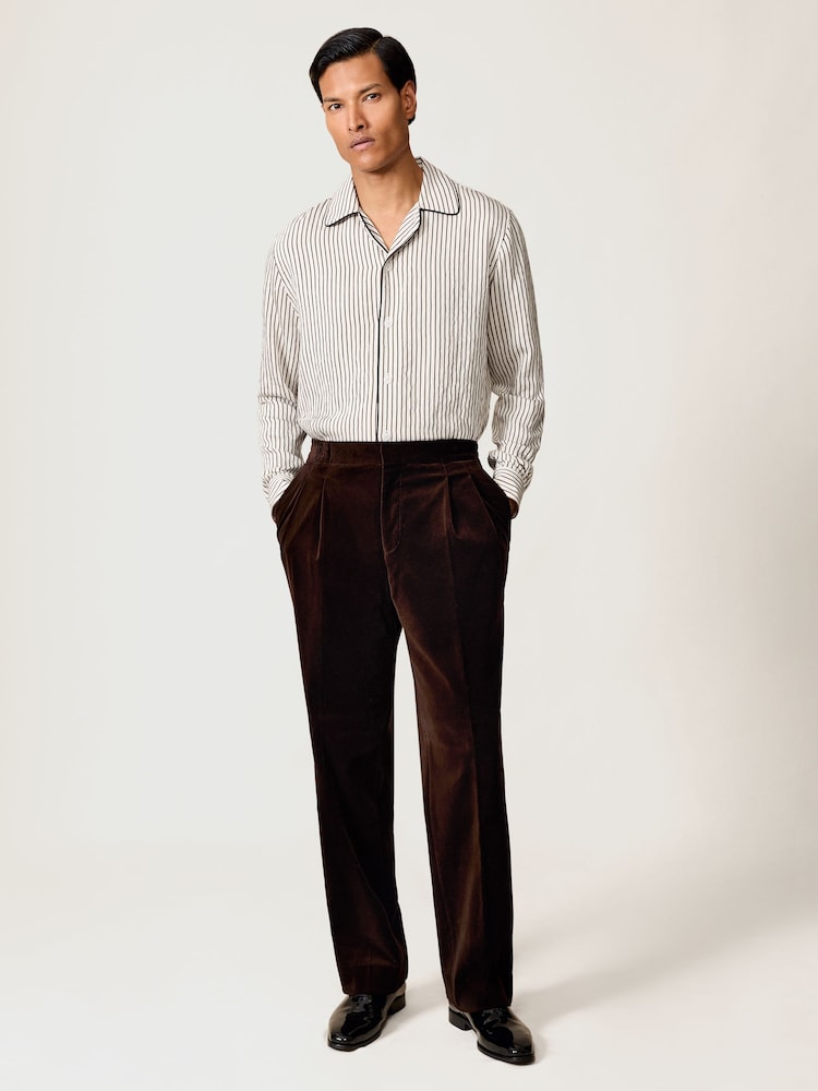 reiss Stripe Cuban-Collar Piped Shirt in White/Brown