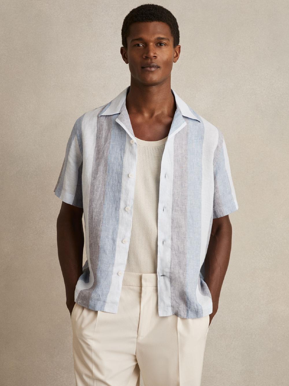 Reiss Stripe Cuban Collar Shirt In Wide Stripe Blue Multi