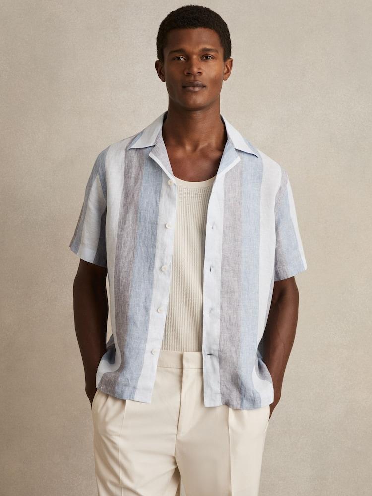 reiss Stripe Cuban Collar Shirt in Wide Stripe Blue Multi