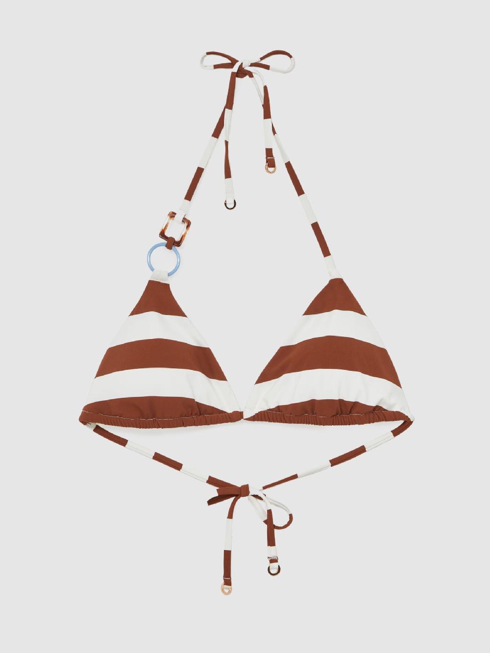 Reiss Stripe Halterneck Triangle Bikini Top In Navy/Brown