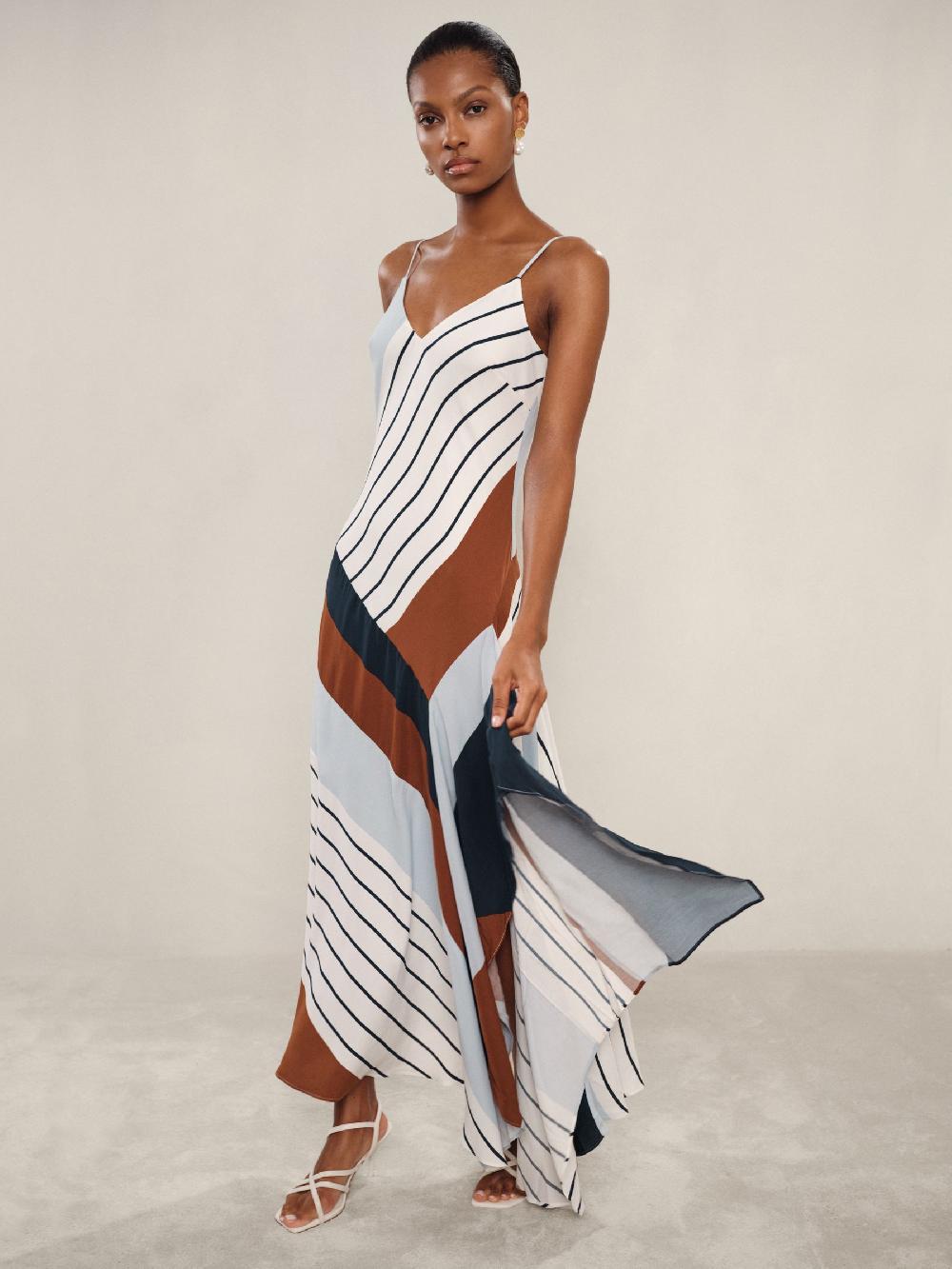 Reiss Stripe-Print Handkerchief Maxi Dress In Blue/Brown