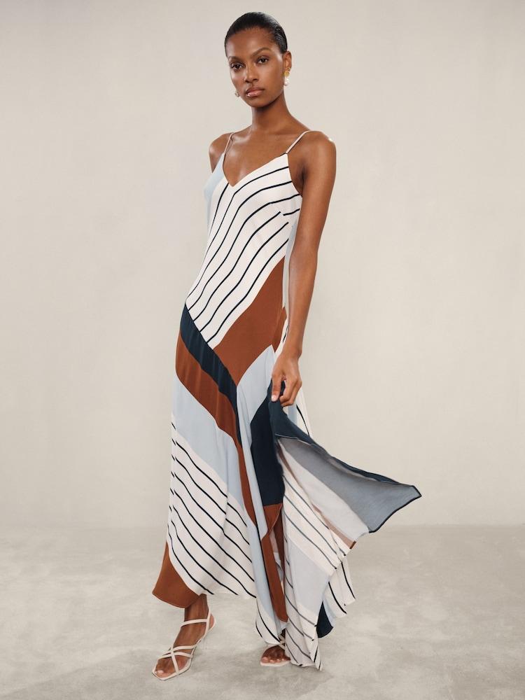 reiss Stripe-Print Handkerchief Maxi Dress in Blue/Brown