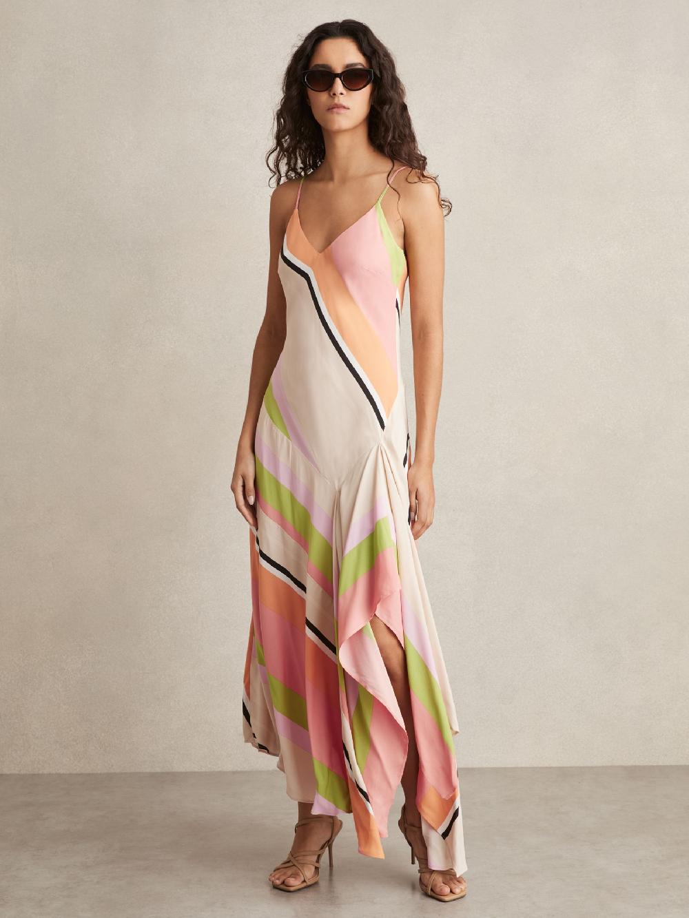 Reiss Stripe-Print Handkerchief Maxi Dress In Pink/Green