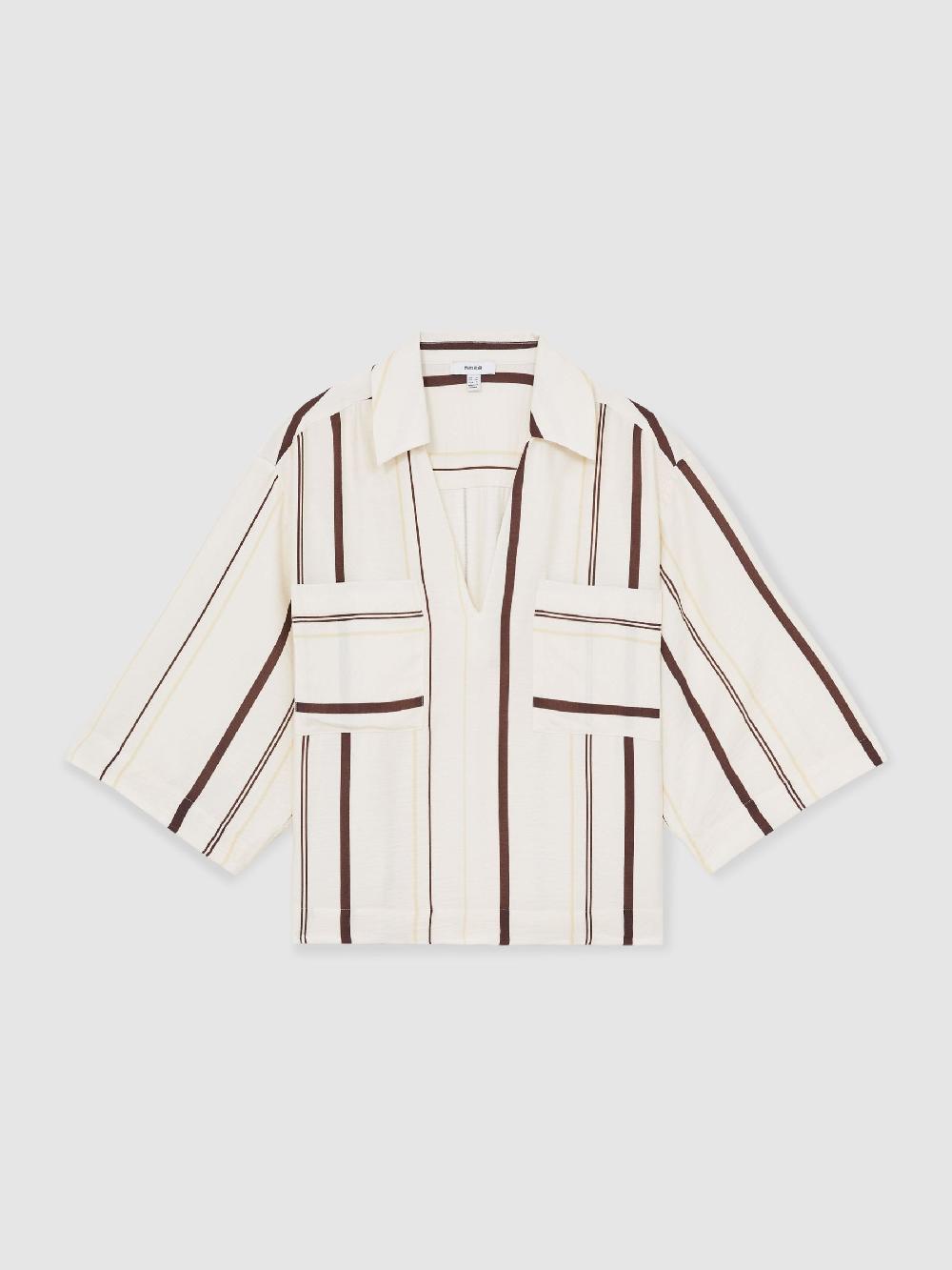 Reiss Stripe-Print Relaxed V-Neck Shirt In White/Brown