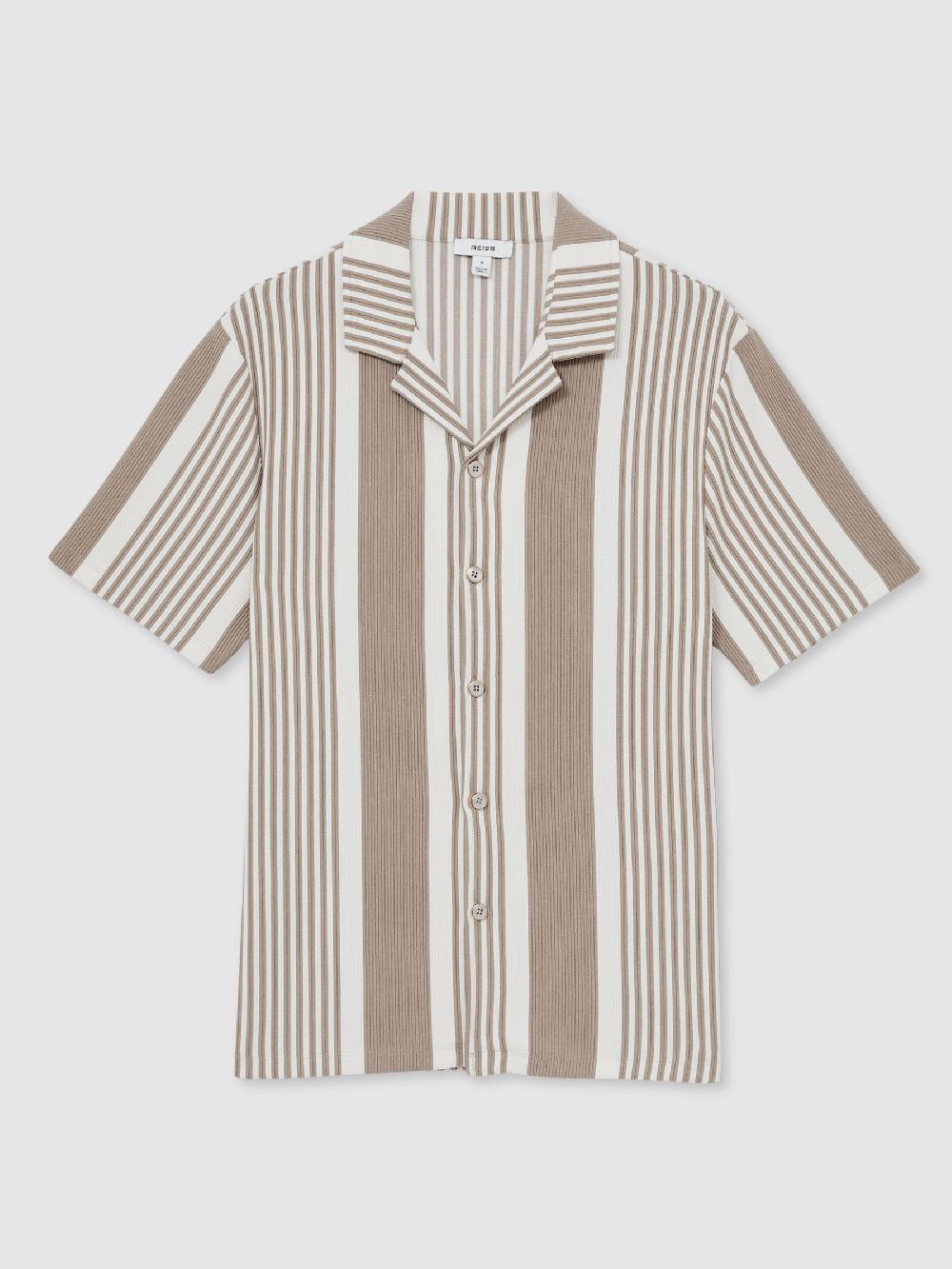 Reiss Stripe Ribbed Cuban Collar Shirt In Oatmeal/White