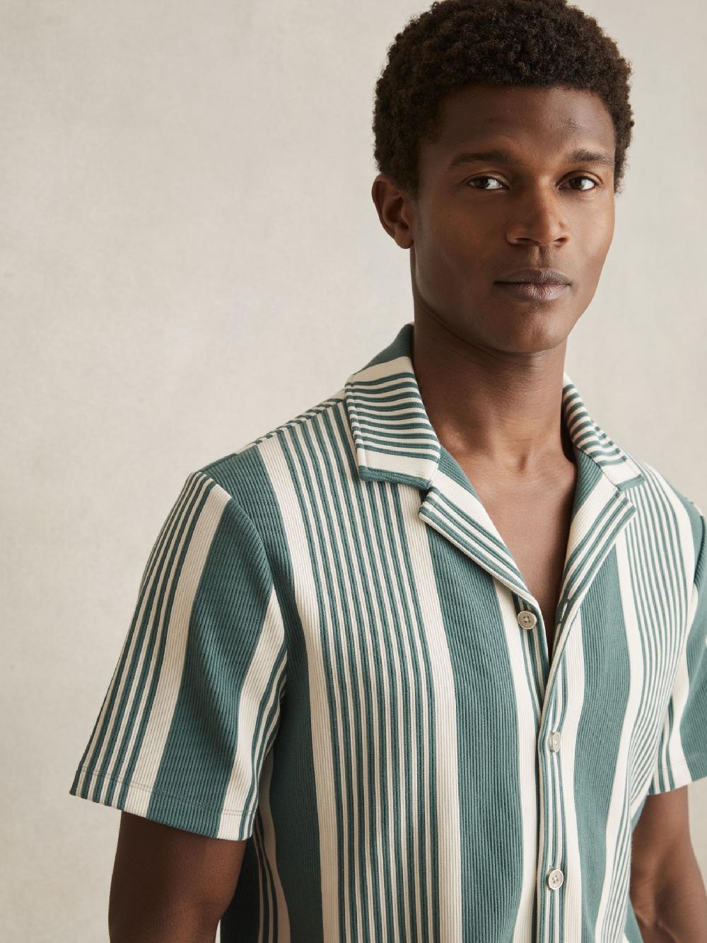 Reiss Stripe Ribbed Cuban Collar Shirt In Sage/White