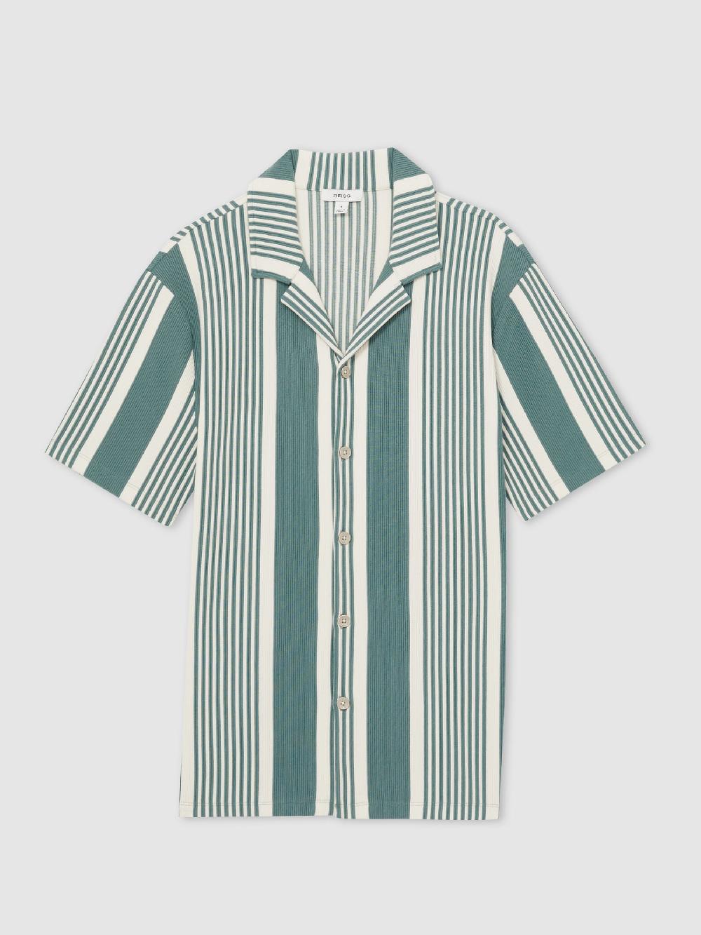Reiss Stripe Ribbed Cuban Collar Shirt In Sage/White