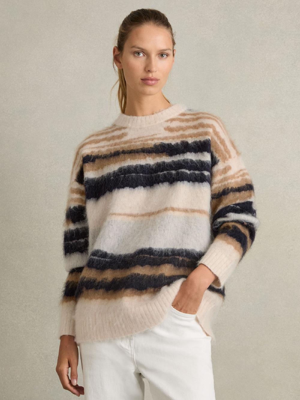 Reiss Striped Crew-Neck Jumper With Mohair In Cream/Camel