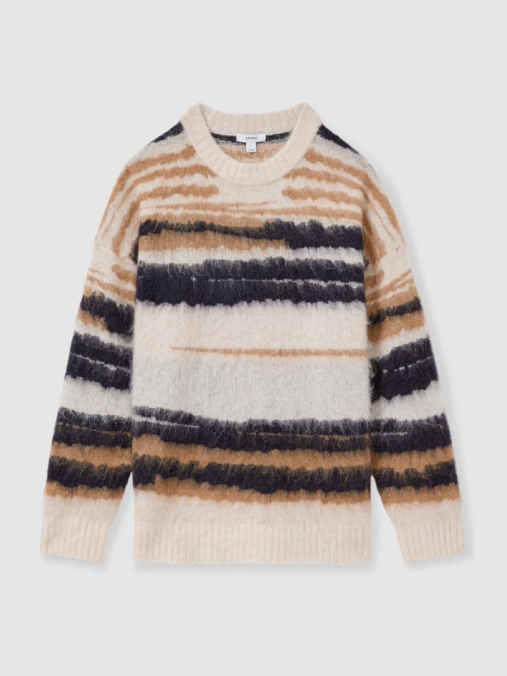 Reiss Striped Crew-Neck Jumper With Mohair In Cream/Camel