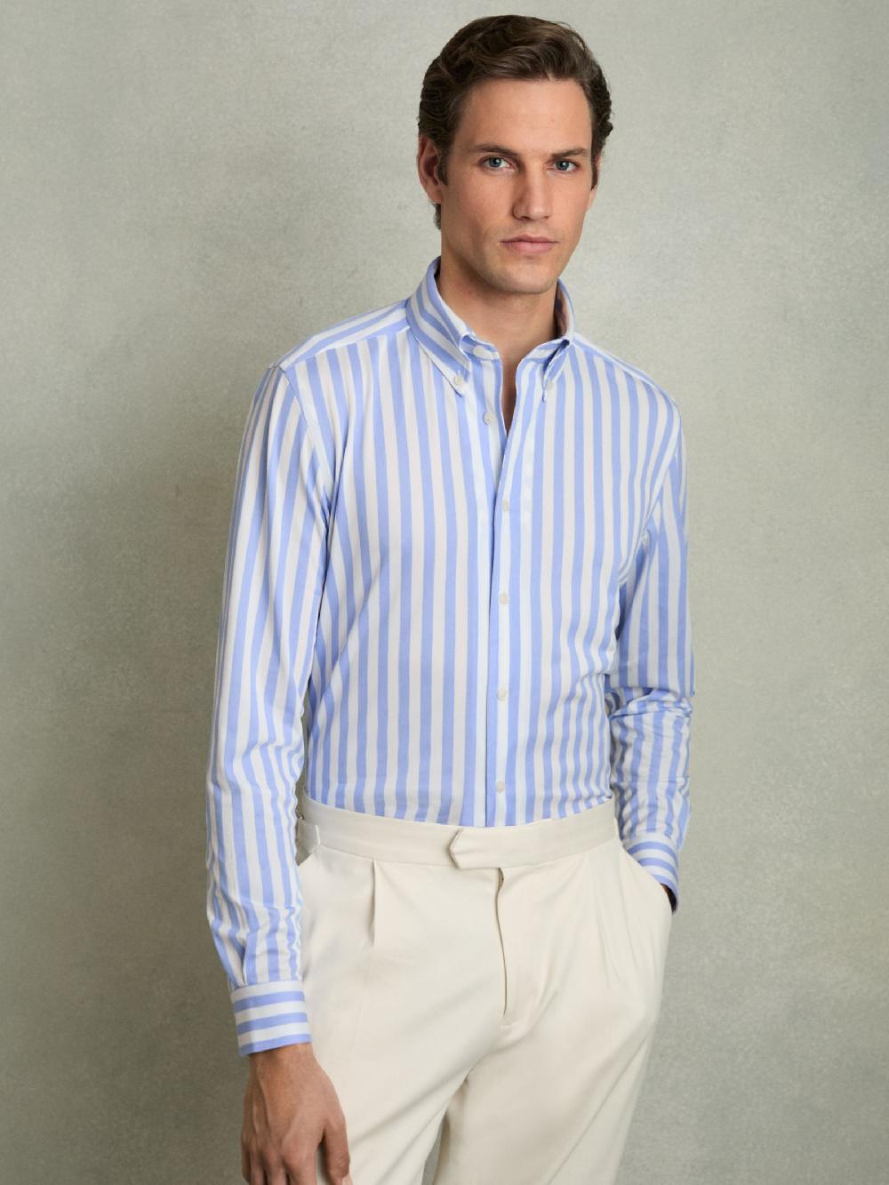 Reiss Striped Jersey Button Down Shirt With Cotton In Pale Blue Stripe