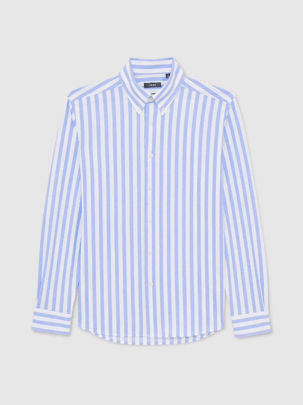 Reiss Striped Jersey Button Down Shirt With Cotton In Pale Blue Stripe