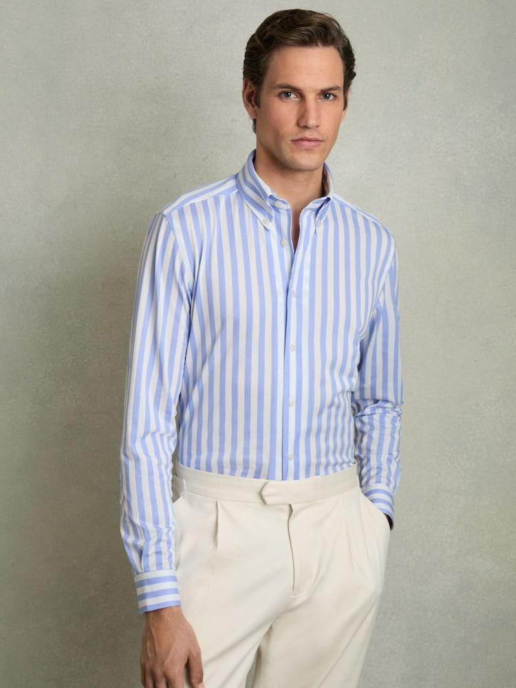 reiss Striped Jersey Button Down Shirt With Cotton in Pale Blue Stripe