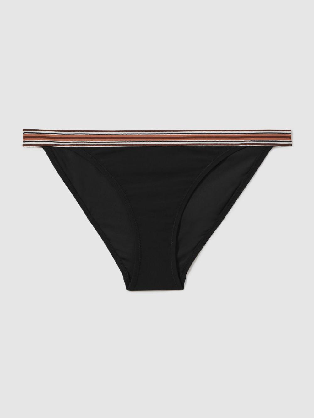 Reiss Striped Waistband Bikini Bottoms In Black/Brown