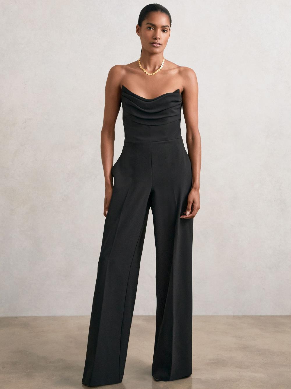 Reiss Structured Strapless Wide-Leg Jumpsuit In Black